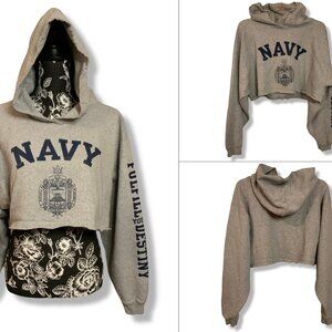 Navy Graphic Sweatshirt Hoodie DIY Cropped Long Sleeve Women M Grey